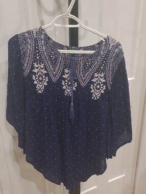 Navy Printed Peasant Blouse with Tassel Tie